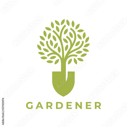 Concept tree shovel logo. Landscape gardener icon. Garden spade plant sign. Gardening service emblem. landscaping company symbol. Vector illustration.