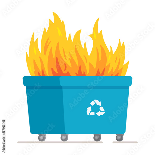 Vector illustration of bin fire. Consequence of safety violations. Large blue recycling bin fire on white background.  