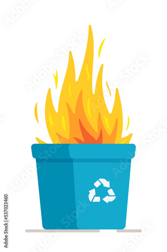Vector illustration can fire.Blue recycling tank burns on a white background. Failure to follow safety rules. Consequence. 