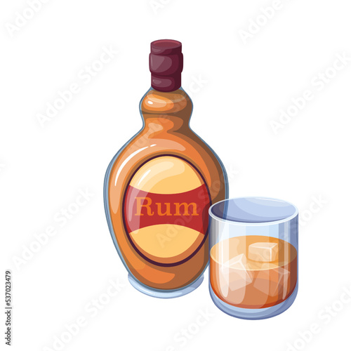 Rum in bottle and glass with ice cubes, alcohol drink for summer cocktail vector illustration. Cartoon orange bottle with label from bar, isolated highball glass cup of strong alcoholic liquid