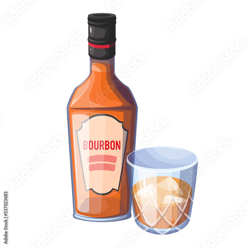 Bourbon whisky alcohol drink in crystal glass with ice cubes and bottle vector illustration. Cartoon old strong whiskey, isolated liquor beverage for drinking on party in bar, pub and restaurant