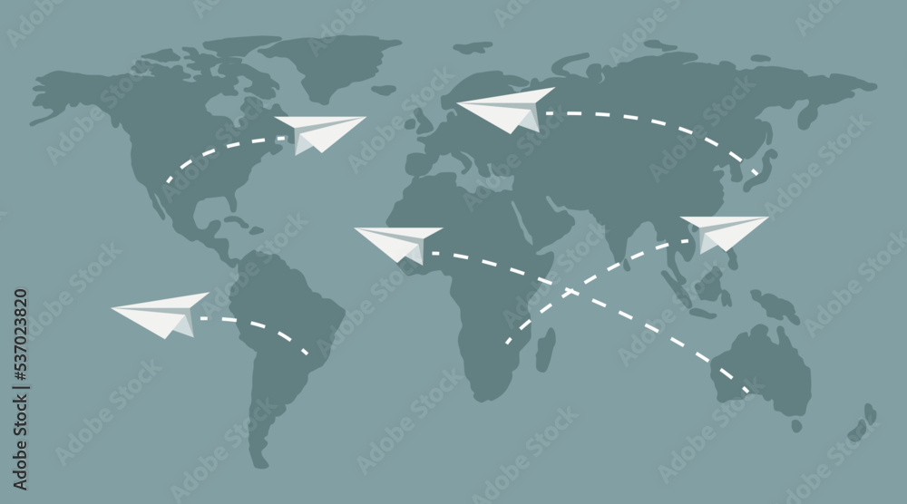 Travel concept. A simple map of the world with flying paper planes. Vector flat illustration. Travel concept. A simple map of the world with flying paper planes. Vector flat illustration.