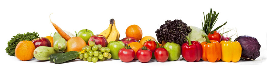 Colorful ripe vegetables and fruits isolated on white