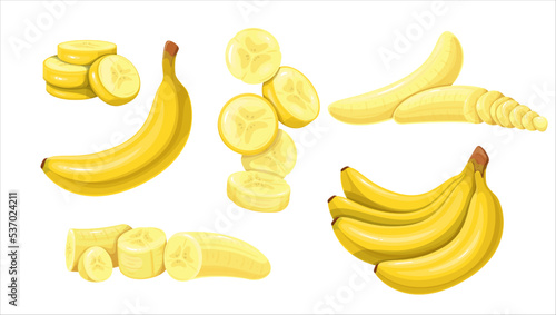 Banana set vector illustration. Cartoon bunch of tropical fruit, yellow ripe banana with or without peel, cut in half and sweet slices, ready to eat, isolated natural food collection from tropics