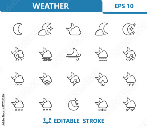 Weather Icons - Moon, Night, Stars, Cloud, Cloudy, Storm Vector Icon Set