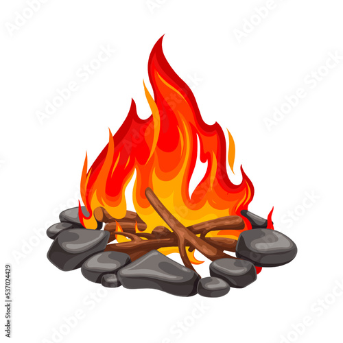 Burning wood of bonfire vector illustration. Cartoon isolated fire of campfire, flame of firewood in stone fireplace with burning forest dry sticks and branches, blazing flammable lumbers and coal