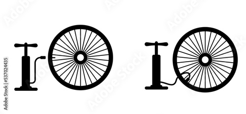 Bicycle pump. Biker has a flat tire and repair the wheel. Cycling pomp icon or symbol. Funny vector bike hand pomps sign. Cyclist tools. 
