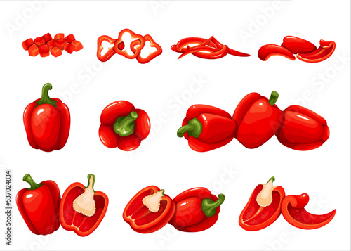 Red bell peppers and sweet paprika set vector illustration. Cartoon isolated veggie collection with Bulgarian peppers cut in half, slices and rings, chopped pieces and vertical sections of vegetables