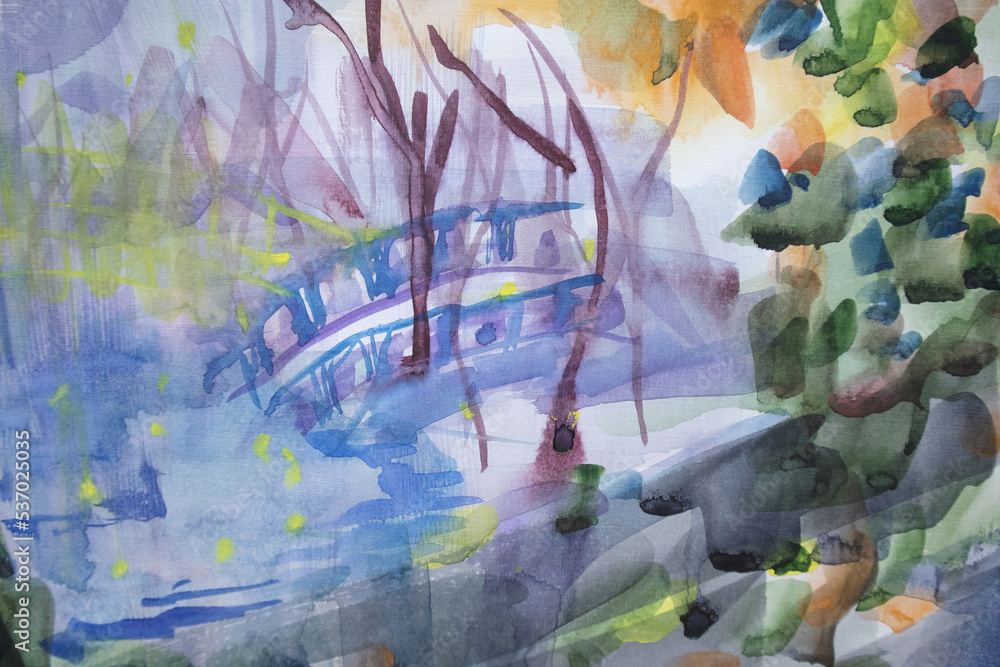 Watercolor brush strokes fluid texture with blots and wet stains. Fall landscape with bridge and pond. Picturesque road in park.