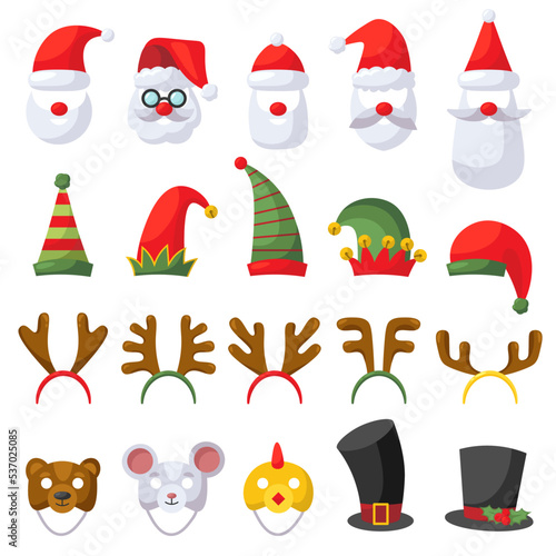 Funny christmas hair band flat icons set. Santa Claus cap, elf hats, reindeer antlers, mouse and chicken masks. Different variations of accessories. Winter holiday festival. Isolated illustrations