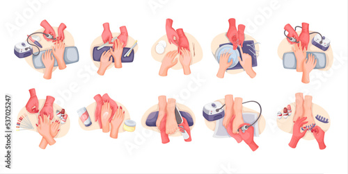 Manicure, pedicure and nail care set vector illustration. Cartoon isolated hands of beauty salon worker hold nail polish and file, beautician doing massage and bath for foot and hand of customer