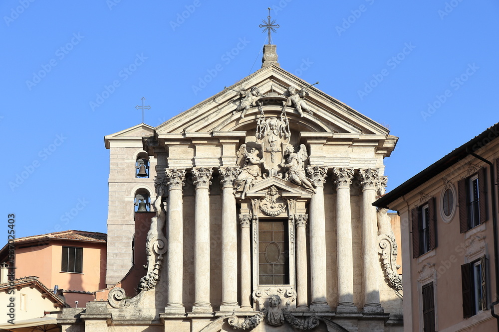 Santi Vincenzo e Anastasio a Trevi Church Facade with Blue Sky in Rome, Italy