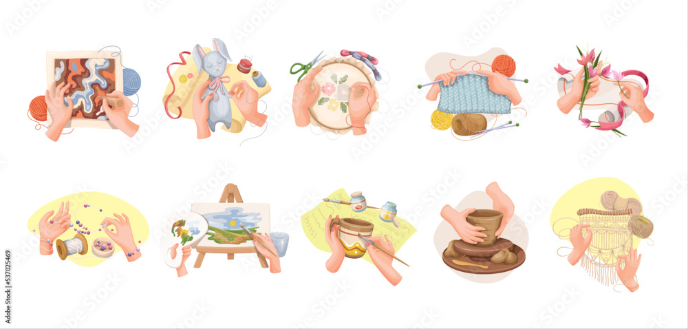 Craft hobby, handcraft workshop set vector illustration. Cartoon isolated hands of artist make handmade pottery, bead bracelet and toy, knit with wool thread and paint on easel, create decoration