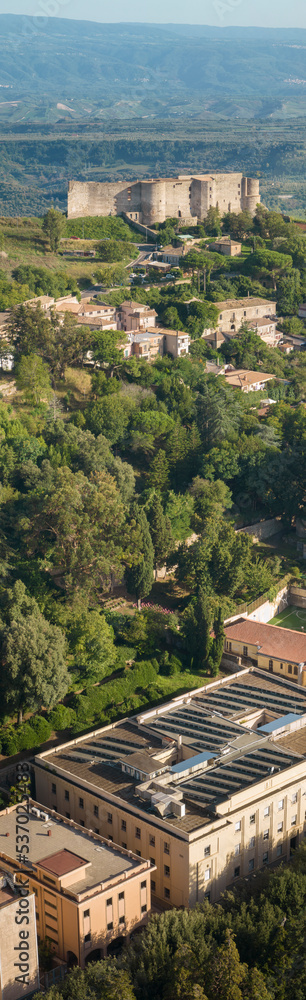 Aerial view of the Norman Swabian castle, Vibo Valentia, Calabria, Italy. Overview of the city seen from the sky, houses and rooftops