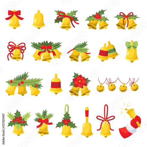 Christmas bells flat icons set. Different variations of celebration bells and whistles with mistletoe. Evergreen trees winter holiday symbol. Christmas tree toys Isolated illustrations