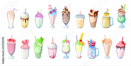 Milkshake set vector illustration. Cartoon isolated sweet summer drink with milk, fruit and berry, drinking cocktail with whipped cream and chocolate topping in glass for cafe, bar menu collection