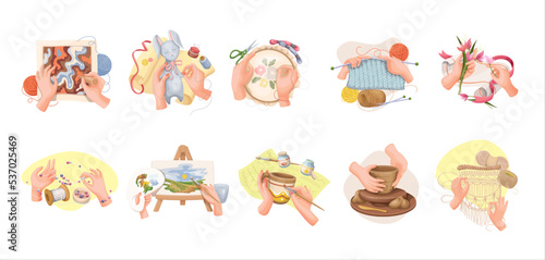 Craft hobby, handcraft workshop set vector illustration. Cartoon isolated hands of artist make handmade pottery, bead bracelet and toy, knit with wool thread and paint on easel, create decoration