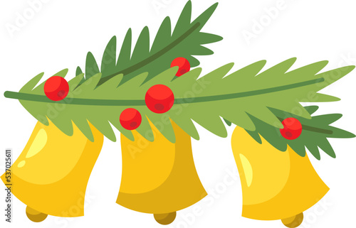 Winter holiday decoration flat icon Three gold bells with mistletoe