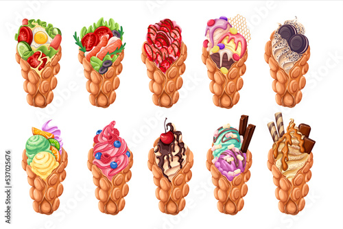 Hong Kong waffles set vector illustration. Cartoon isolated food snacks, wafer or egg bubble waffle crispy cones collection with different fillings, ice cream, berry and fruit, fastfood cafe menu