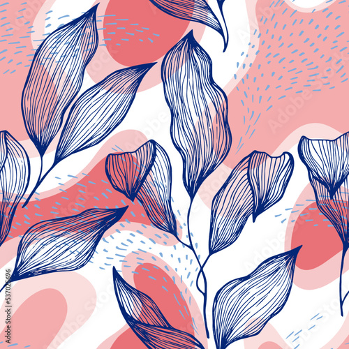 Sketch style doodle line texture leaves over stains and dots seamless vector ...