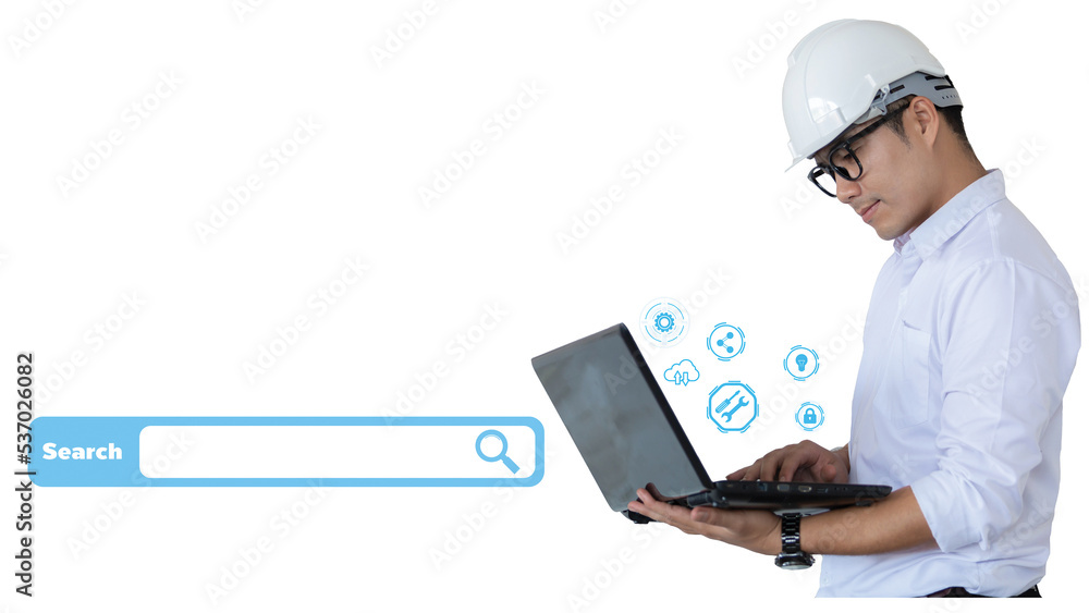 Asian engineer standing with computer laptop search for construction isolated white background, Foreman engineer wearing helmet control and maintain the operation project system using computer laptop. Asian engineer standing with computer laptop search for construction isolated white background, Foreman engineer wearing helmet control and maintain the operation project system using computer laptop.