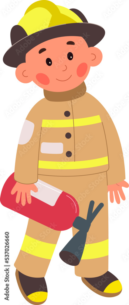Firefighter flat icon Boy in uniform with fire extinguisher Firefighter flat icon Boy in uniform with fire extinguisher