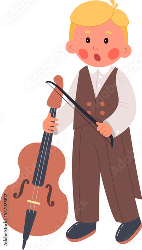 Musician flat icon Boy with double bass and bow