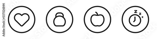 Healthy lifestyle icons. Healthy heart, sports, nutrition and sleep. Vector illustration