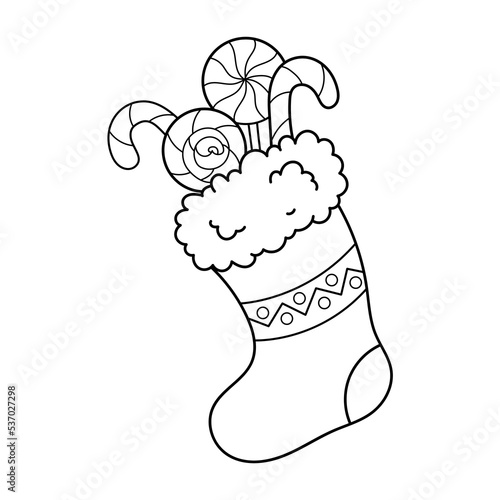 Christmas sock with sweets. Coloring book. Christmas. New Year. Black and white vector image.