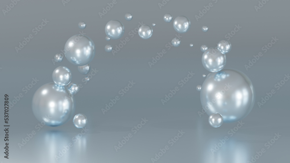Abstract liquid circles with spacing cover the silver background. a 3D metal sphere with a design on it. A modern, minimalist gradient template. 3D rendering