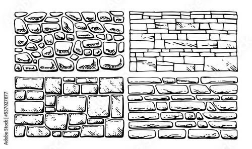 Set of walls. Masonry in construction of houses and fences. Natural building material. Hand drawn outline sketch. Isolated on white background. Vector.