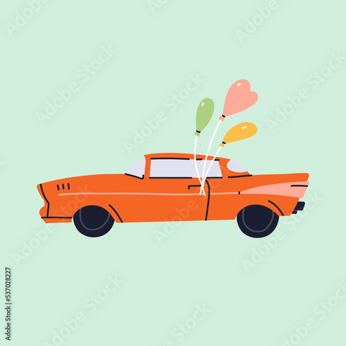 Wedding red car with balloons. Vehicle for bride and groom. Honeymoon concept. Just married vector illustration. All items isolated.