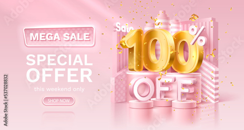 100 percent Special offer mega sale, golden confetti, podium and gift box. Sale banner and poster. Vector