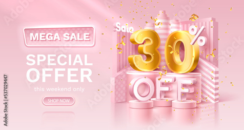 30 percent Special offer mega sale, golden confetti, podium and gift box. Sale banner and poster. Vector