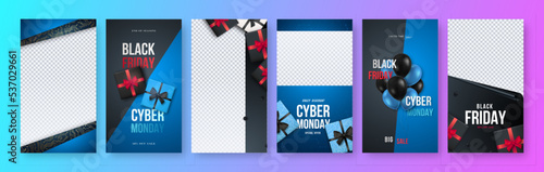 Black Friday and Cyber Monday Stories template. Set of 6 Sale vertical banner. Design template for social networks, social media, poster.