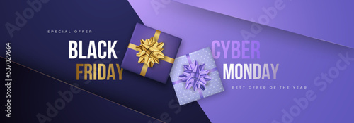 Black friday Cyber Monday banner. Trendy advertising design. Realistic purple gift boxes and golden bow on Very Peri color background.