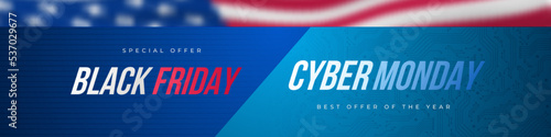 Black Friday, Cyber Monday USA banner. Text on blue background and blurred US flag. Universal vector template for discount promo offer or advertising store in social media.