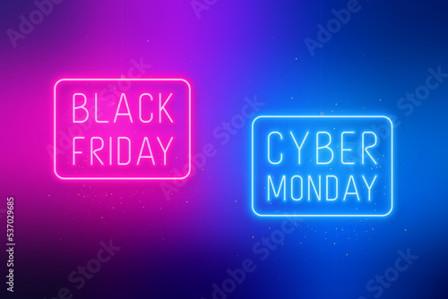 Black Friday, Cyber Monday banner. Hanging sale signboards on pink and blue bright background. Modern design with neon elements.