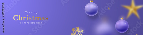 Merry Christmas and Happy New Year horizontal festive header. Realistic hanging very peri and golden Christmas balls, star and decorative snowflakes.