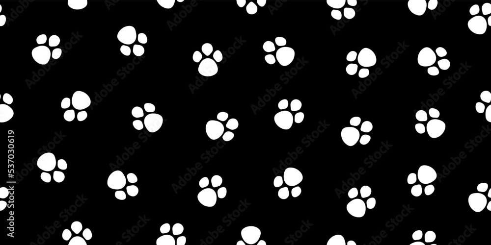 Paw dog seamless pattern. Pet, cat and puppy paws on black background. Footprint of panda. Cartoon animal texture for print. Cute wallpaper. Vector