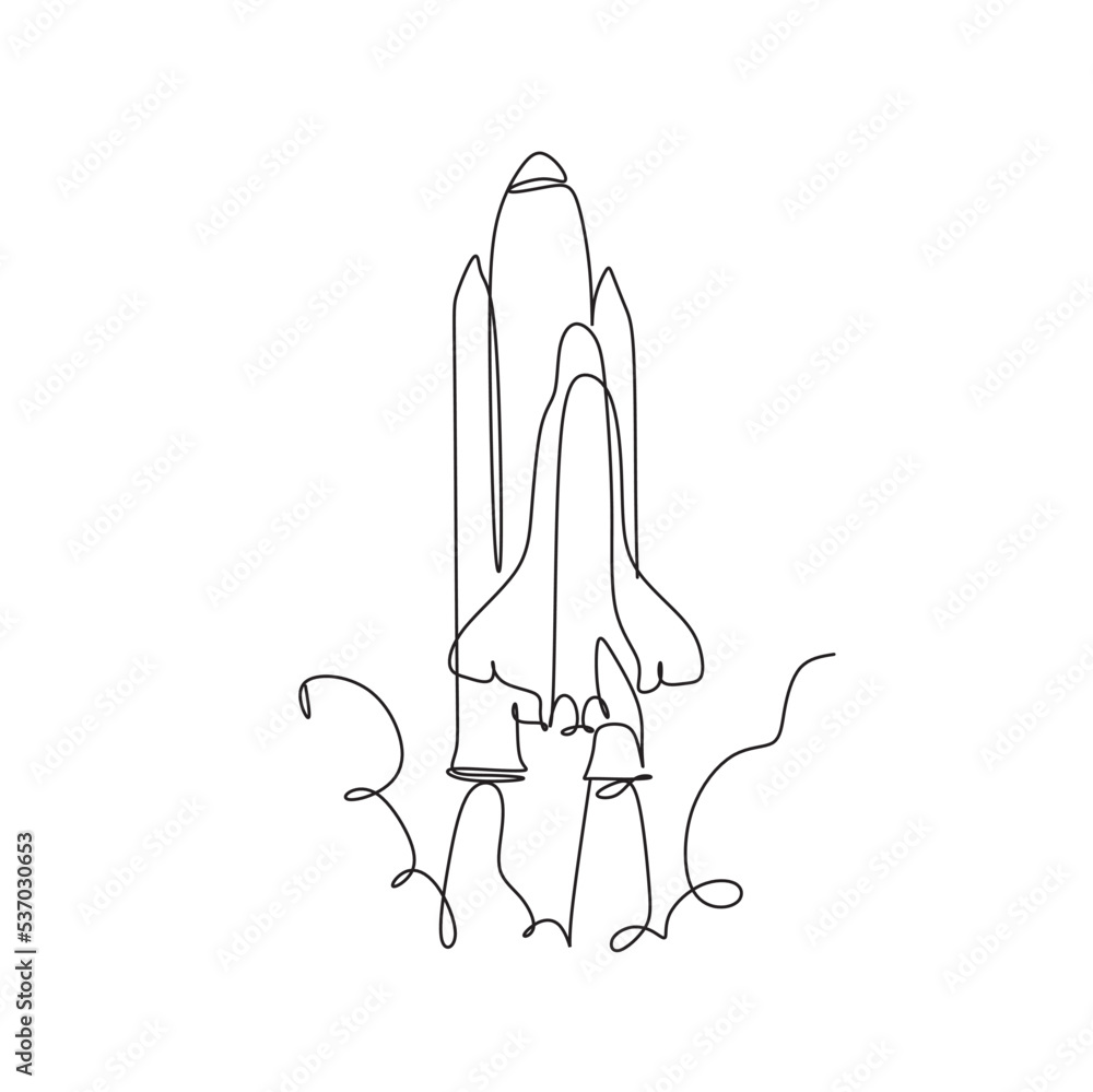 One continuous line drawing of spacecraft. Vector illustration. Rocket space ship launch. Spacecraft one line background. One continuous line drawing of spacecraft. Vector illustration. Rocket space ship launch. Spacecraft one line background.