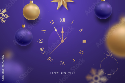Happy New Year background with golden clock. Hanging Christmas balls, snowflakes and star with blur effect. Unique design for banner, poster or invitation.