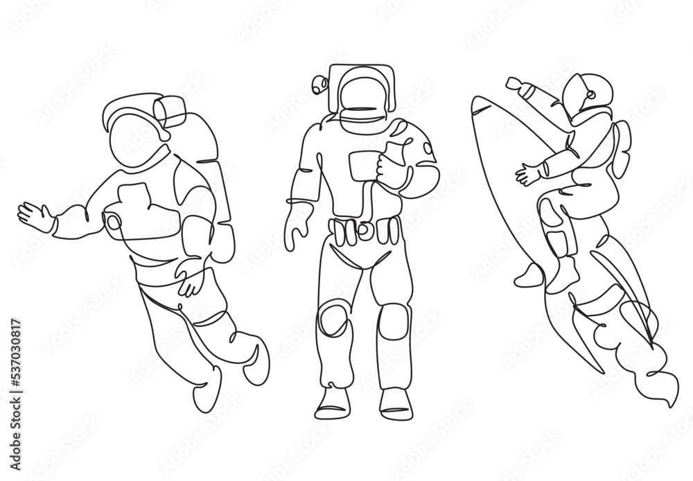 Astronaut catching star logo. Continuous one line drawing. Vector illustration