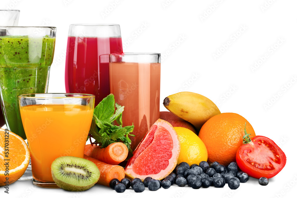 Fresh ripe healthy fruits and juices in glasses - obrazy, fototapety, plakaty 