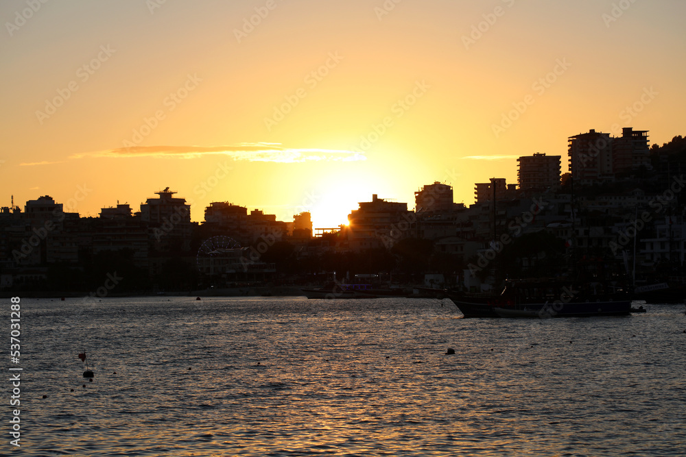 Beach coast Sarande city Albania summer travel background high quality big size print