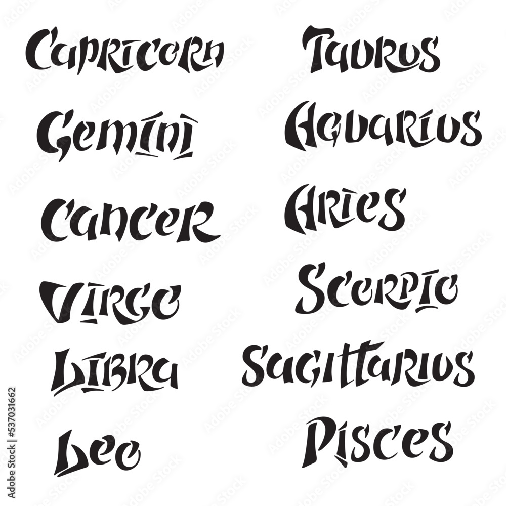 Zodiac. Set of 12 zodiac signs. Vector hand lettering. Black stylized letters on white background. Zodiac words for calendar astrology cards brochure astronomy. Month's zodiac signs. Full year set.