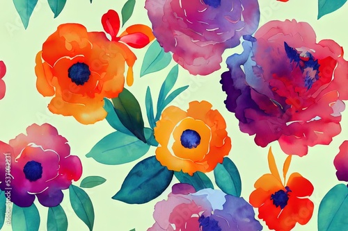 Obraz na płótnie Seamless floral background. Watercolor colorful flowers painting. Floral repeat pattern. Rainbow flowers fabric ornament. Floral wallpaper