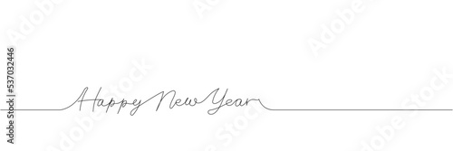 Greetings Happy New Year, lettering one line art. Continuous line drawing of new year holidays, christmas, congratulations, weekend, greetings, festive atmosphere, handwritten.