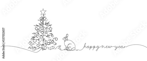 Happy New Year card with rabbit and Christmas tree one line art. Continuous line drawing of new year holidays, christmas, congratulations, weekend, animal, symbol of the year, festive atmosphere.