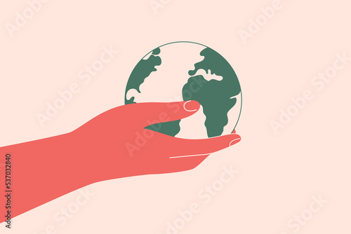 Human hand holds small Earth with love and care. Concept of ecological movement  and responsibility for nature. Green planet in the arm. Vector illustration